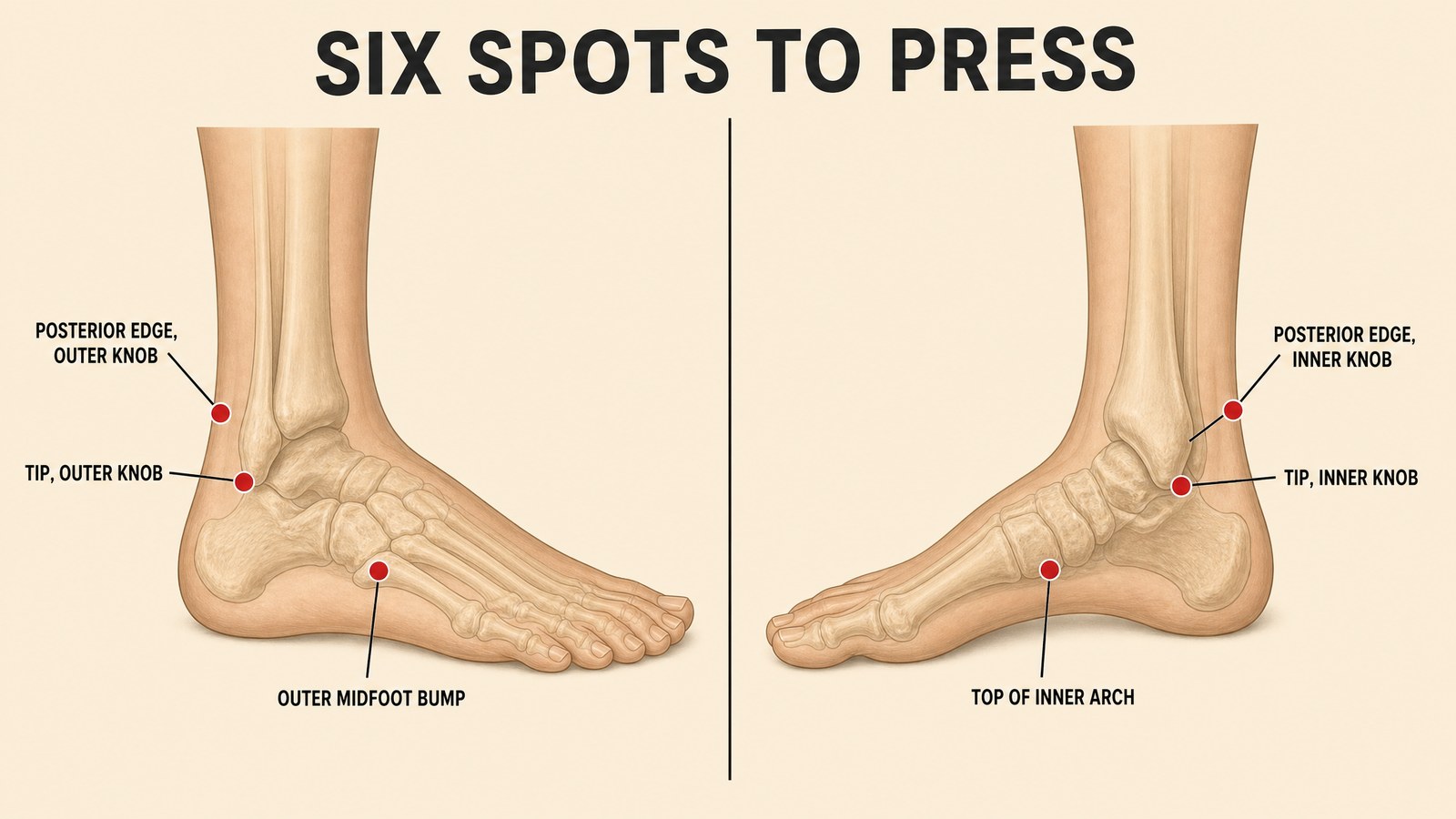 Anatomical illustration of a foot and ankle with six numbered points marked on the outer malleolus, inner malleolus, fifth metatarsal base and navicular