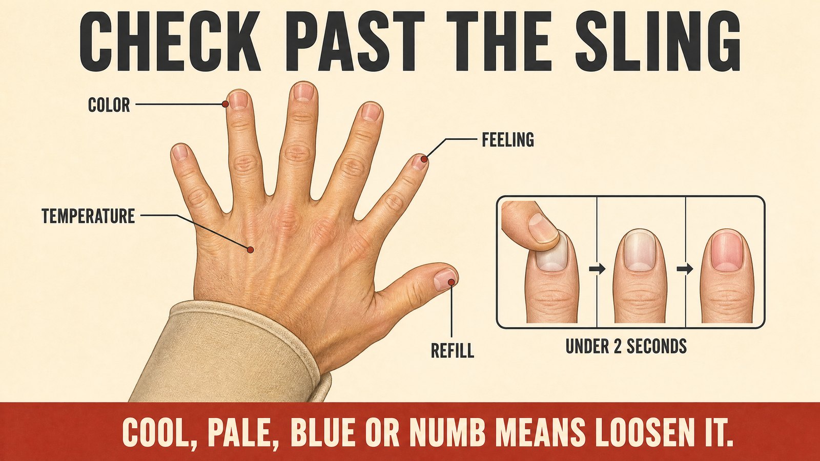 Anatomical illustration of a hand emerging from a sling cuff with colour, temperature, feeling and capillary refill checks labelled around it