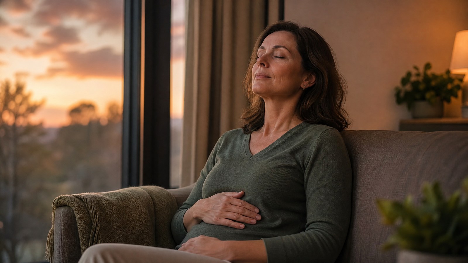 A woman in her forties sitting by a window at dusk with eyes closed, one hand on her stomach, breathing slowly after a stressful episode