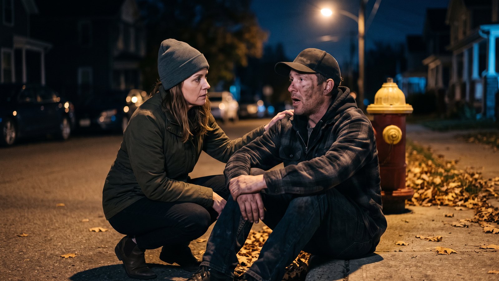 An adult woman crouches beside a soot-streaked man seated on a curb in fresh air at night, one hand steadying his shoulder as she looks at his face and listens to him answer a question