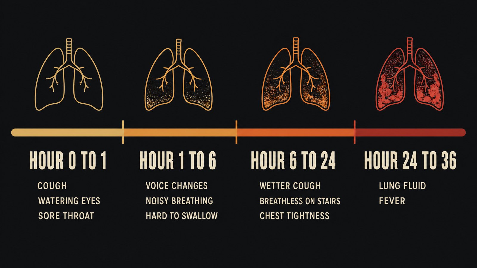 Flat vector timeline graphic running left to right across four labeled stages, hour 0 to 1, hour 1 to 6, hour 6 to 24, and hour 24 to 36, each stage listing the symptoms that typically appear in that window