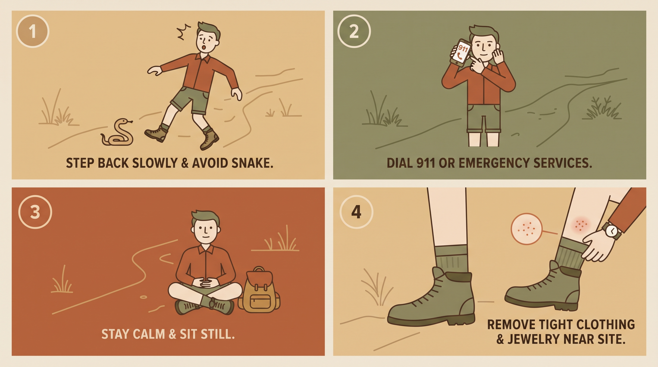 Illustrated four-step diagram showing the first response actions after a snake bite: distance, call 911, stillness, limb positioning