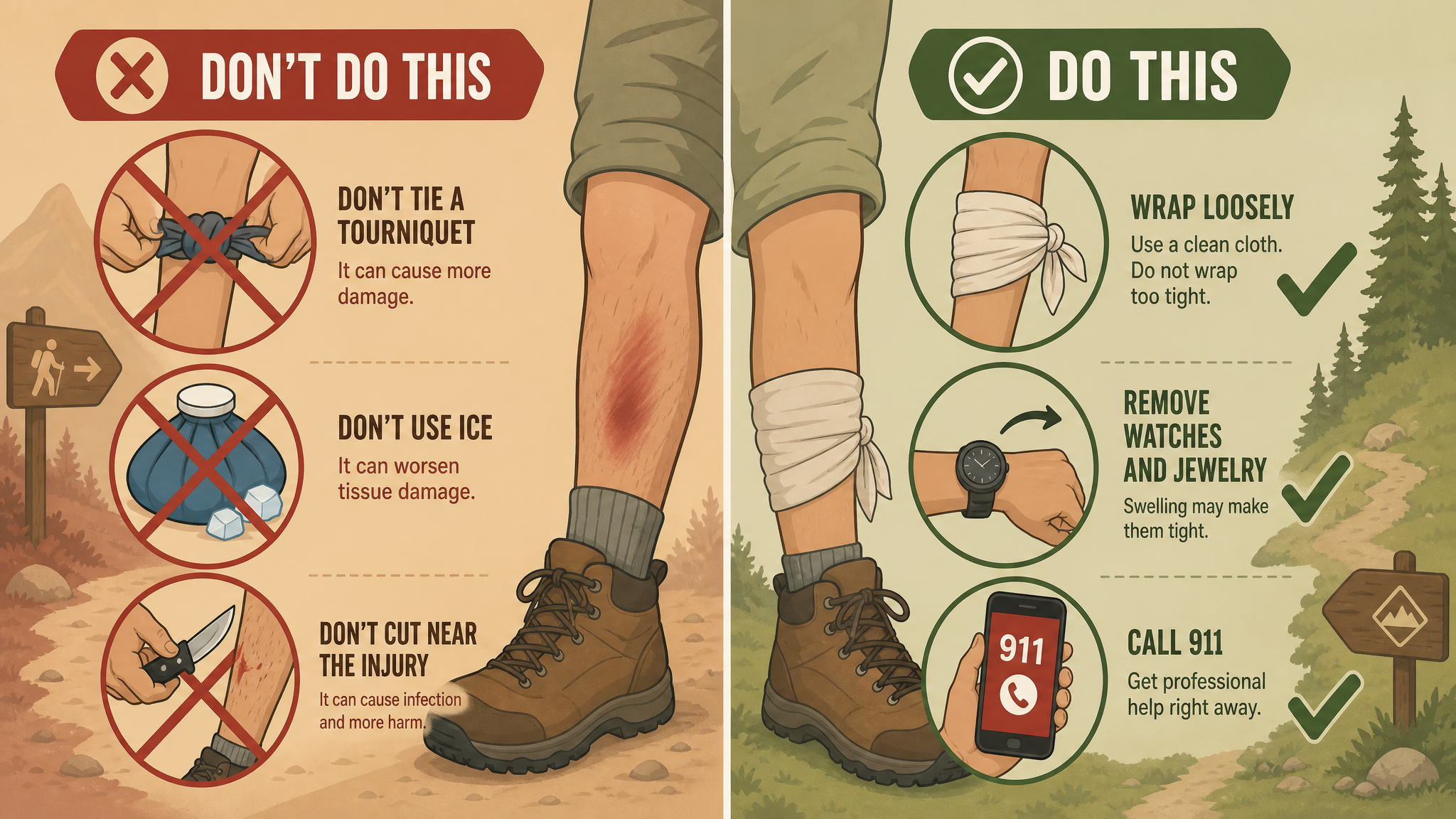 Side-by-side comparison graphic of snake bite myths versus correct first aid actions, crossed-out icons for cutting, ice, and tourniquet