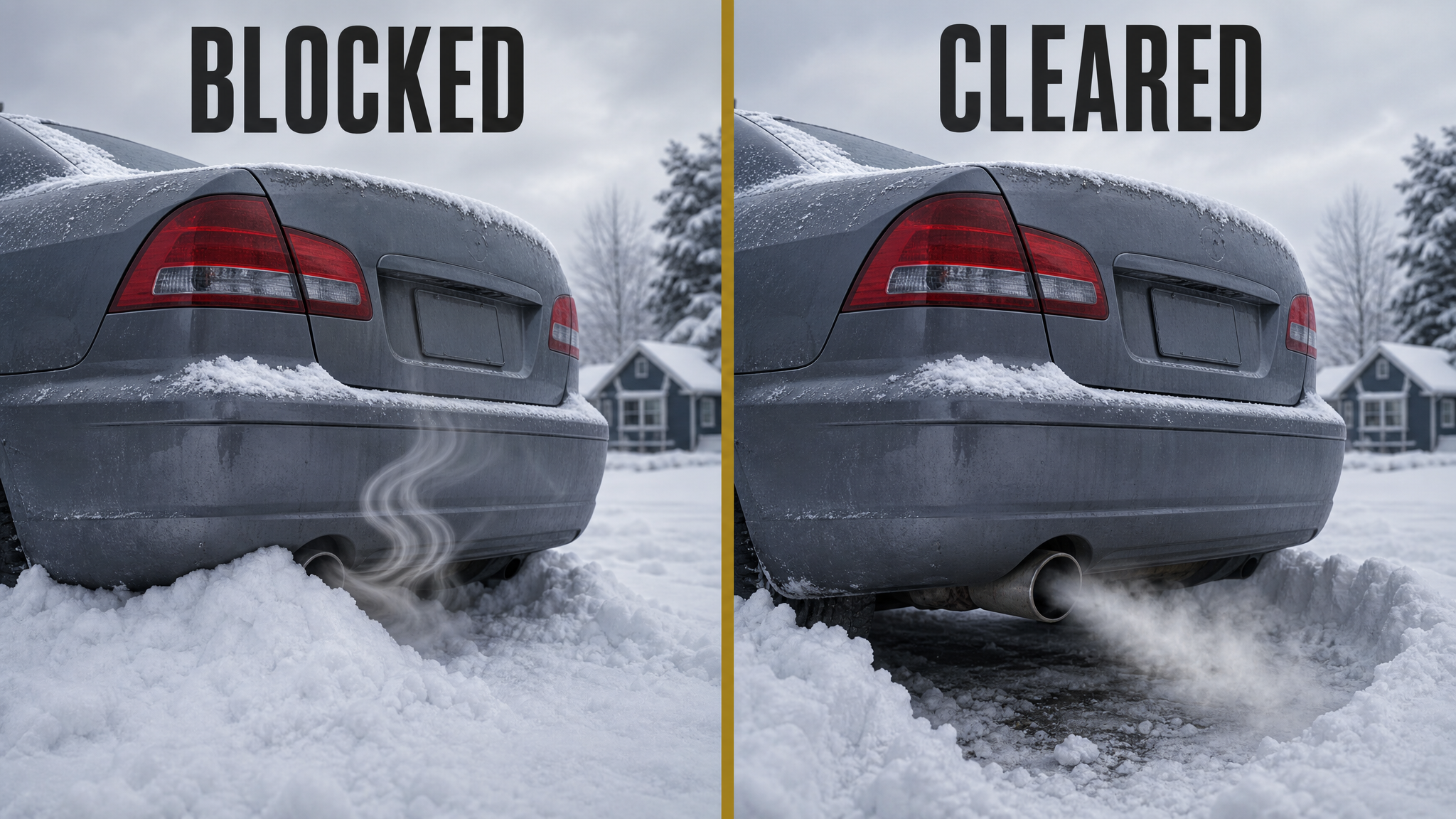 Split image comparing a snow-packed exhaust pipe forcing carbon monoxide into a car cabin with a cleared tailpipe venting exhaust safely away