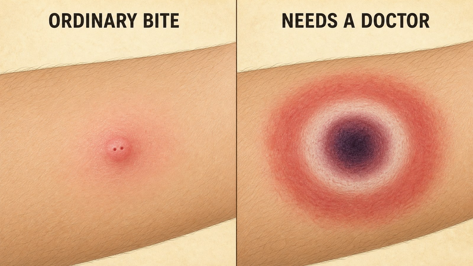 Two-panel medical illustration comparing an ordinary spider bite bump on the left with a bullseye lesion showing a darkening center on the right