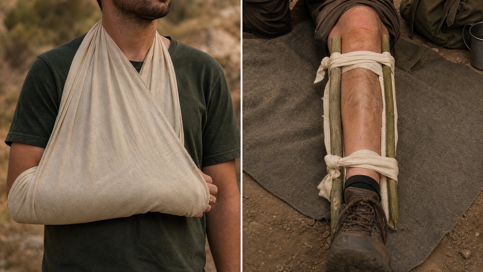 Two-panel side-by-side comparison, left panel an adult forearm splinted and supported in a triangle-bandage sling across the body, right panel an adult lower leg splinted straight with rigid poles and ties, warm documentary lighting