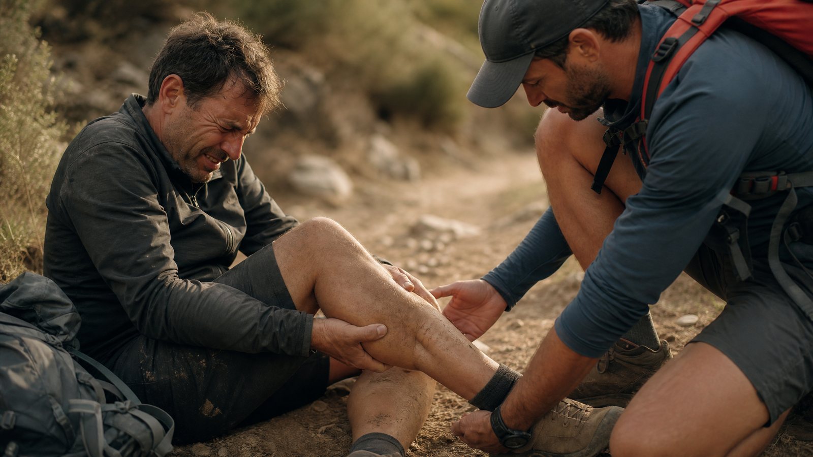 A middle-aged adult on a trail gripping an injured lower leg, face tight with pain, another hiker crouching to look at the swelling, warm outdoor light
