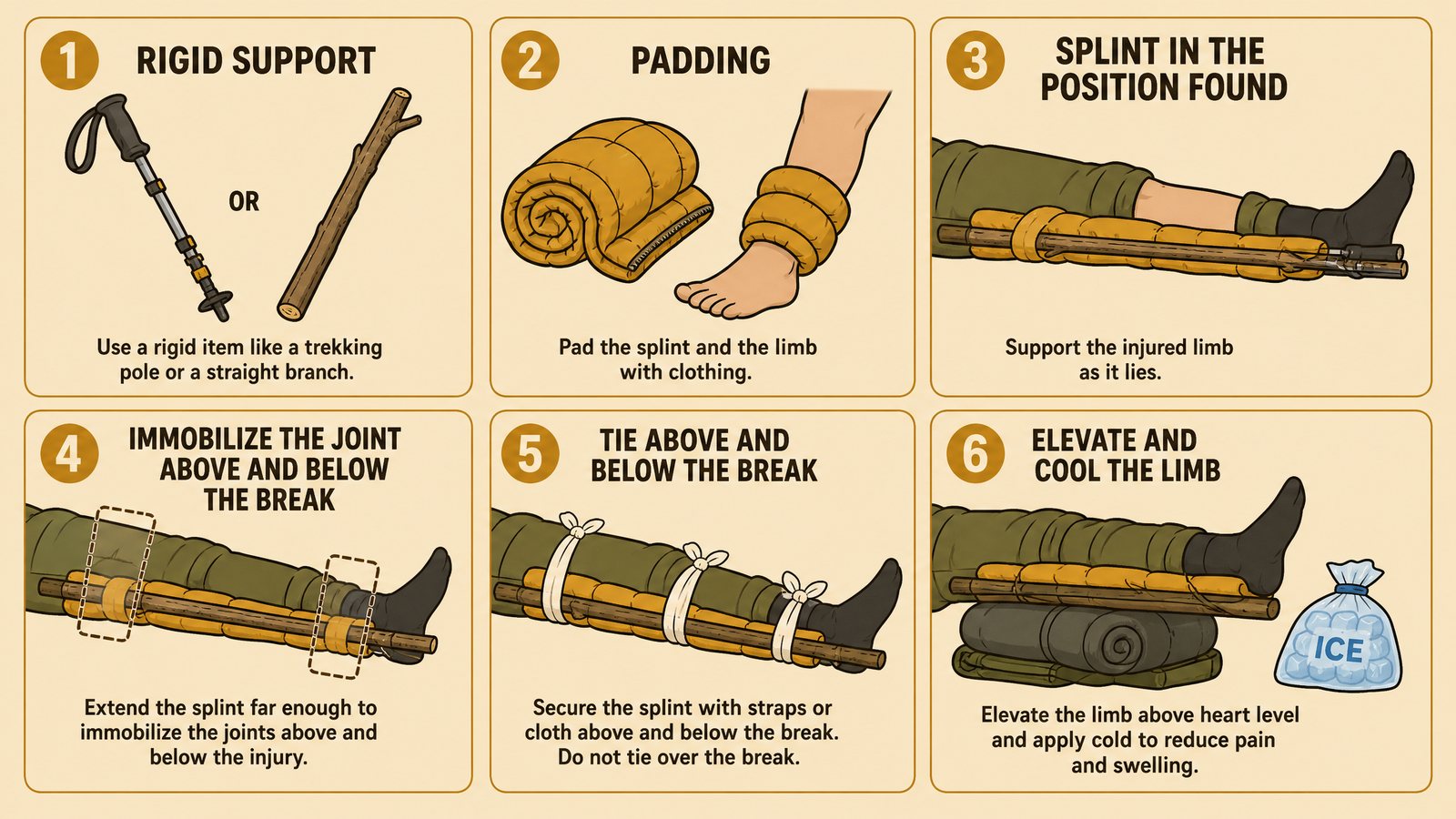 Flat vector infographic showing the numbered steps to build an improvised splint: rigid support, padding, splint in position found, immobilize joint above and below, tie above and below the break, elevate and cool, warm earth-tone palette