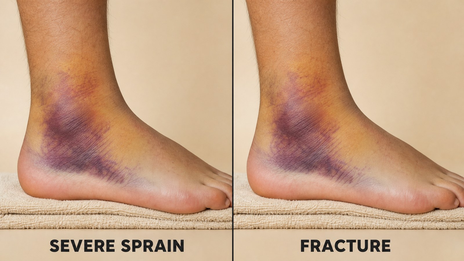 Two-panel comparison of a swollen bruised adult ankle labeled severe sprain beside a nearly identical swollen bruised ankle labeled fracture