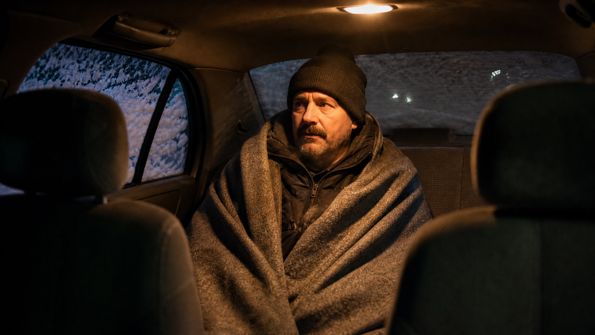 A driver wrapped in a blanket and layered clothing conserves body heat in the back seat of a snowed-in car lit by a dome light