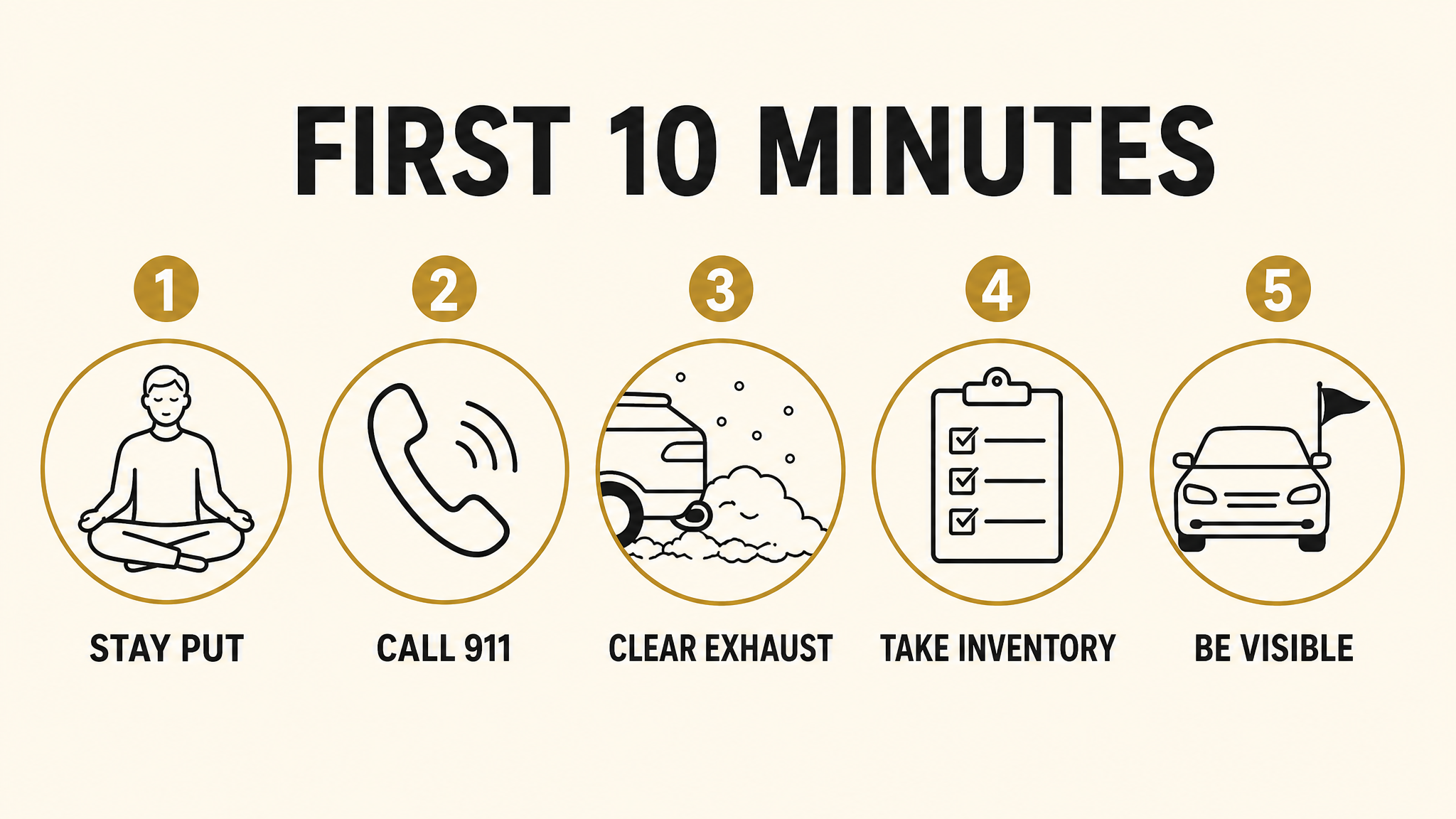 Infographic showing the five first steps after getting stuck in snow: stay put, call 911, clear the exhaust pipe, take inventory, and make the car visible