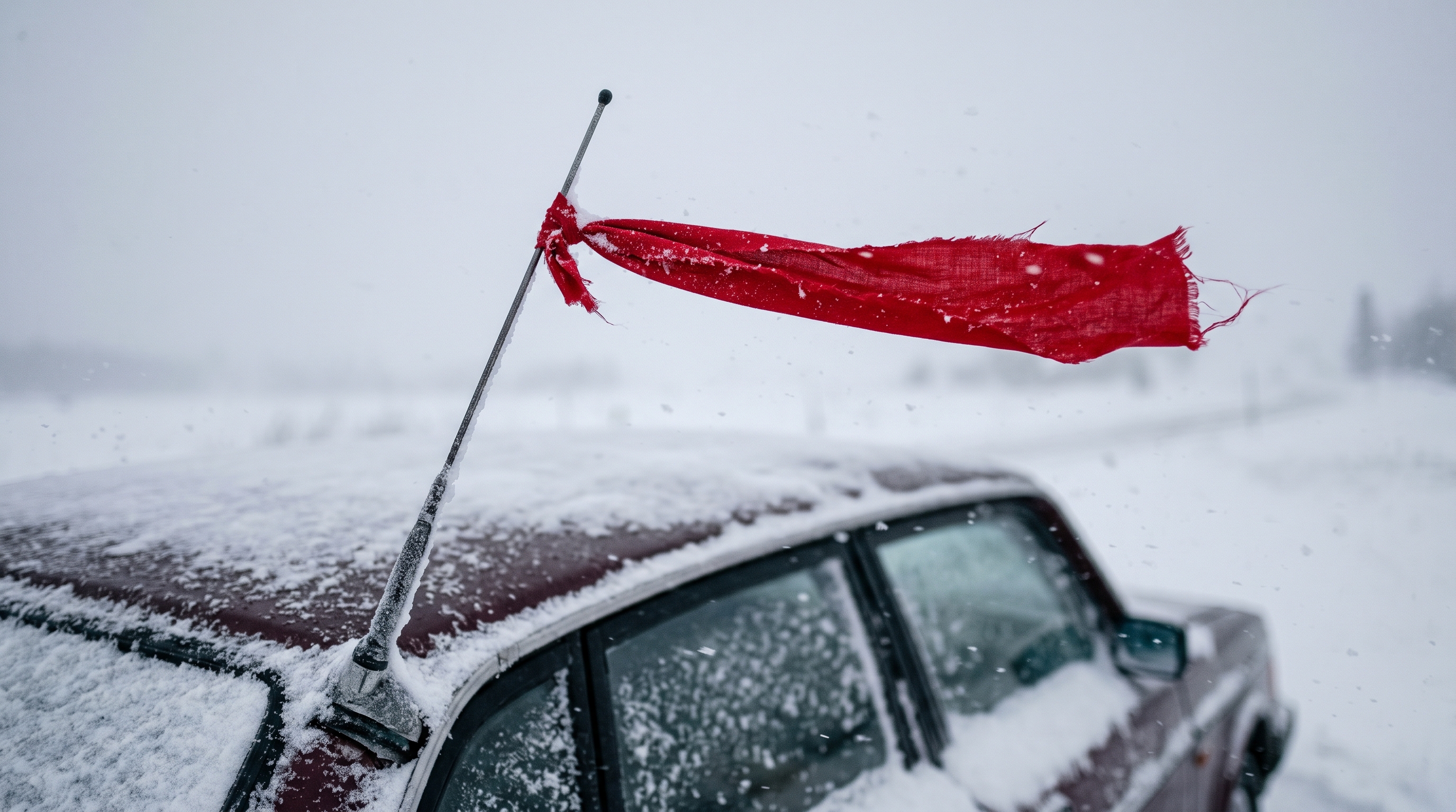 A red cloth tied to a car antenna whips in the wind above a snow-covered vehicle so rescue crews can spot it