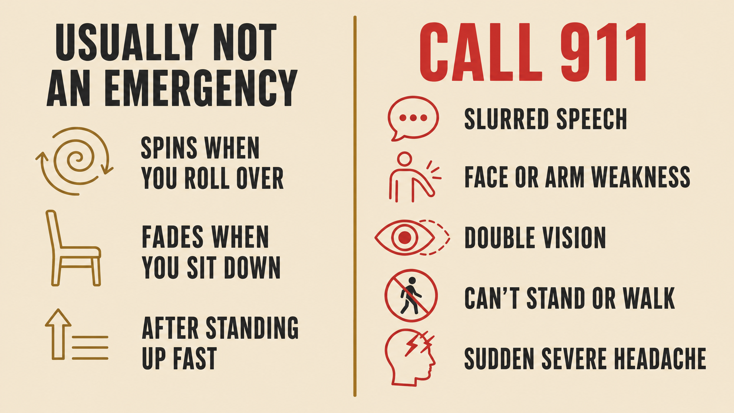 Flat illustration of two columns: a calm check list of harmless dizziness on the left and a red flag list that means call 911 on the right