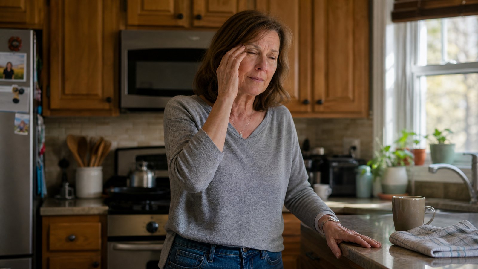 A woman pauses at her kitchen counter, blinking and touching the corner of her eye as vision briefly clears after a moment of dimness in one eye