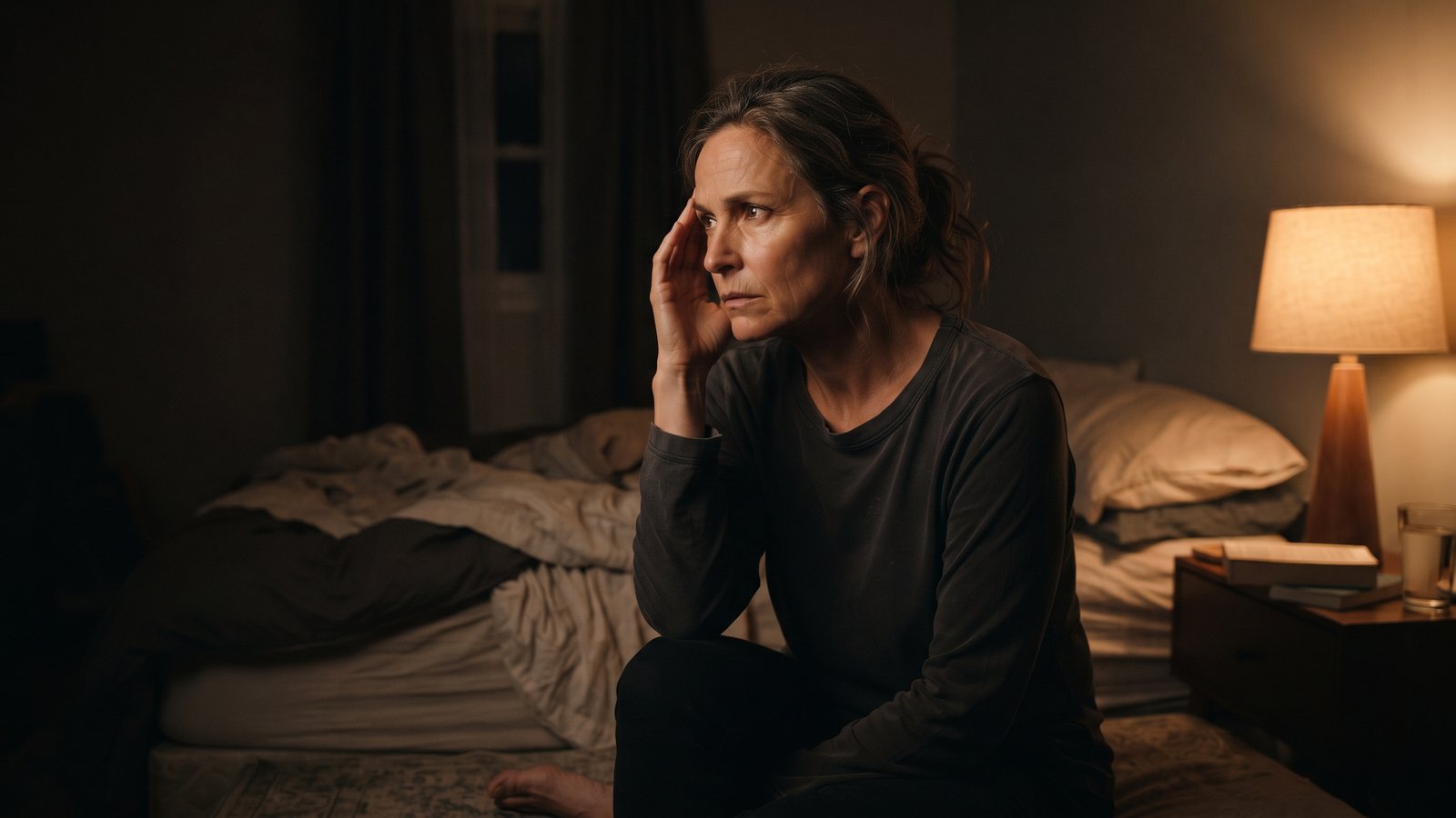 A woman sits on the edge of her bed at night, one hand near her temple, eyes narrowed as she notices flashes and floaters at the edge of her vision