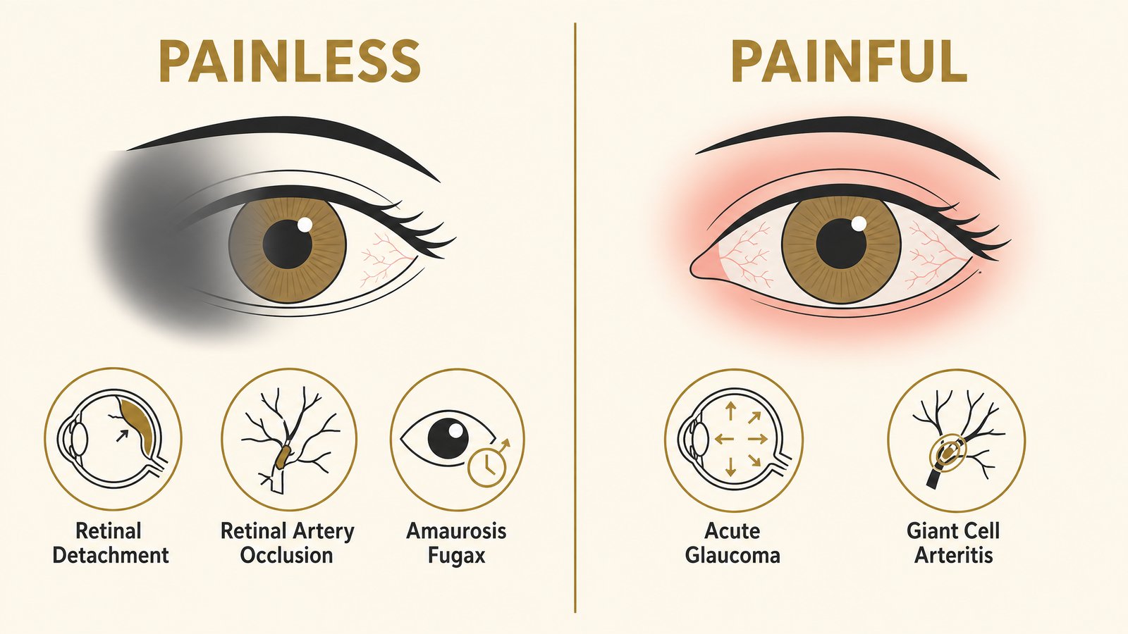 A two-panel diagram comparing painless sudden vision loss causes like retinal detachment, retinal artery occlusion, and amaurosis fugax against painful causes like acute glaucoma and giant cell arteritis