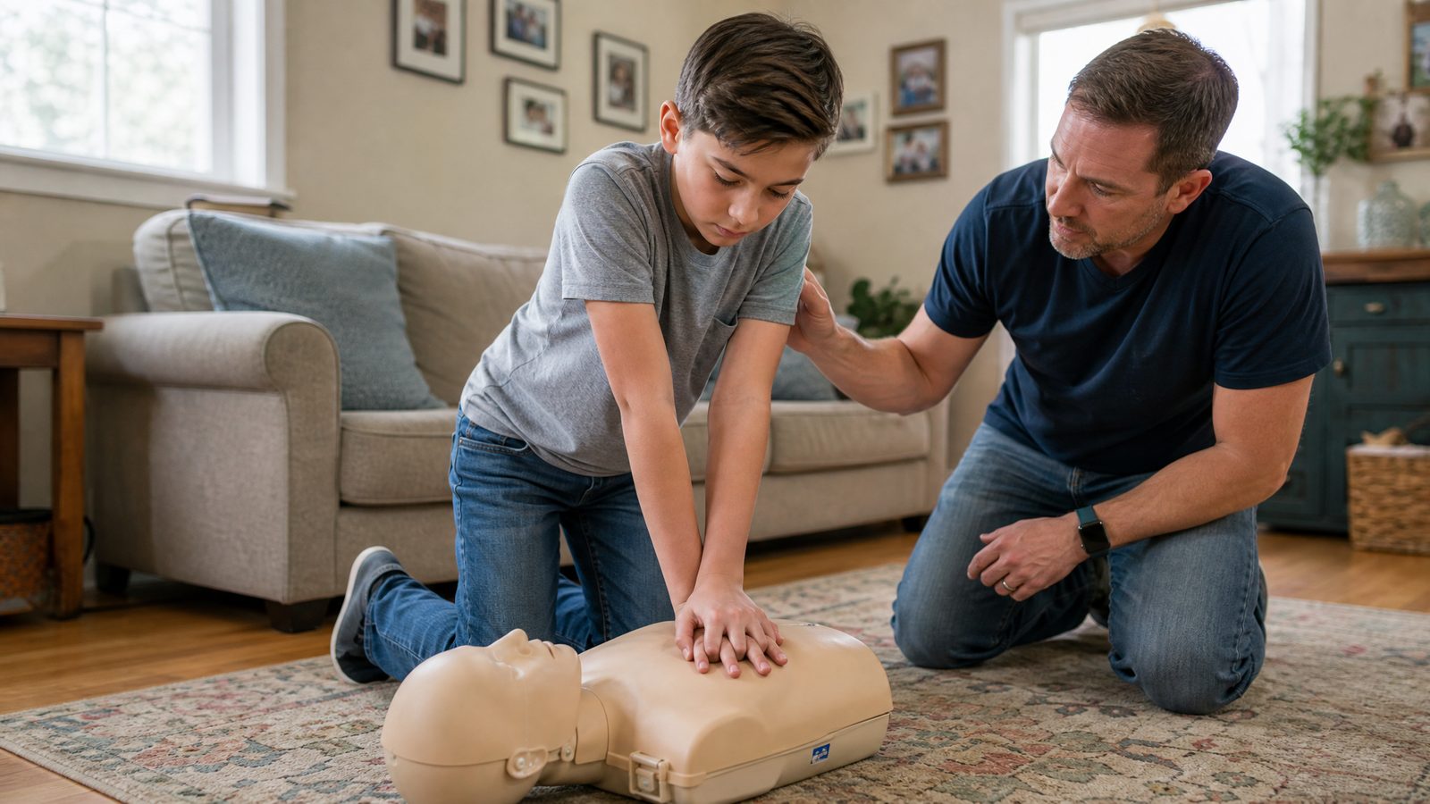 Father and preteen son practicing hands-only CPR compressions on a training mannequin in a home living room, father supervising closely