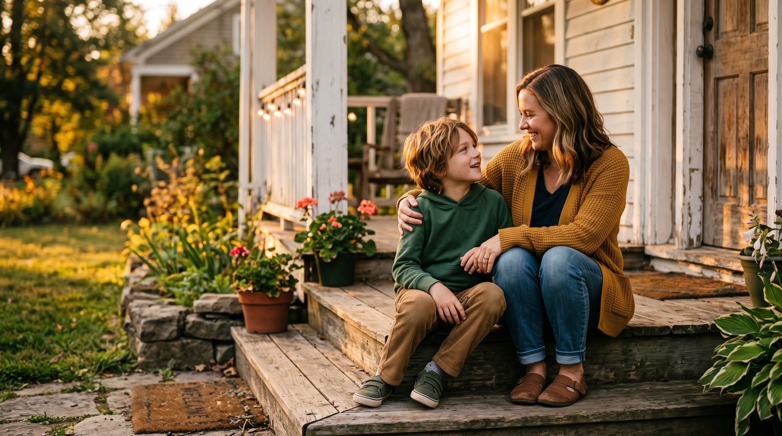 Mother and son having a relaxed, calm conversation on the porch steps at golden hour, mother's arm resting reassuringly around the child's shoulder