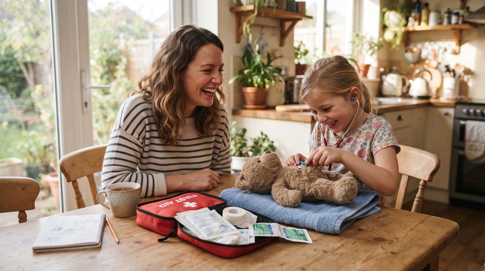 Mother and daughter role-playing a first aid scenario at the kitchen table with a stuffed animal patient and an open first aid kit, both laughing and relaxed