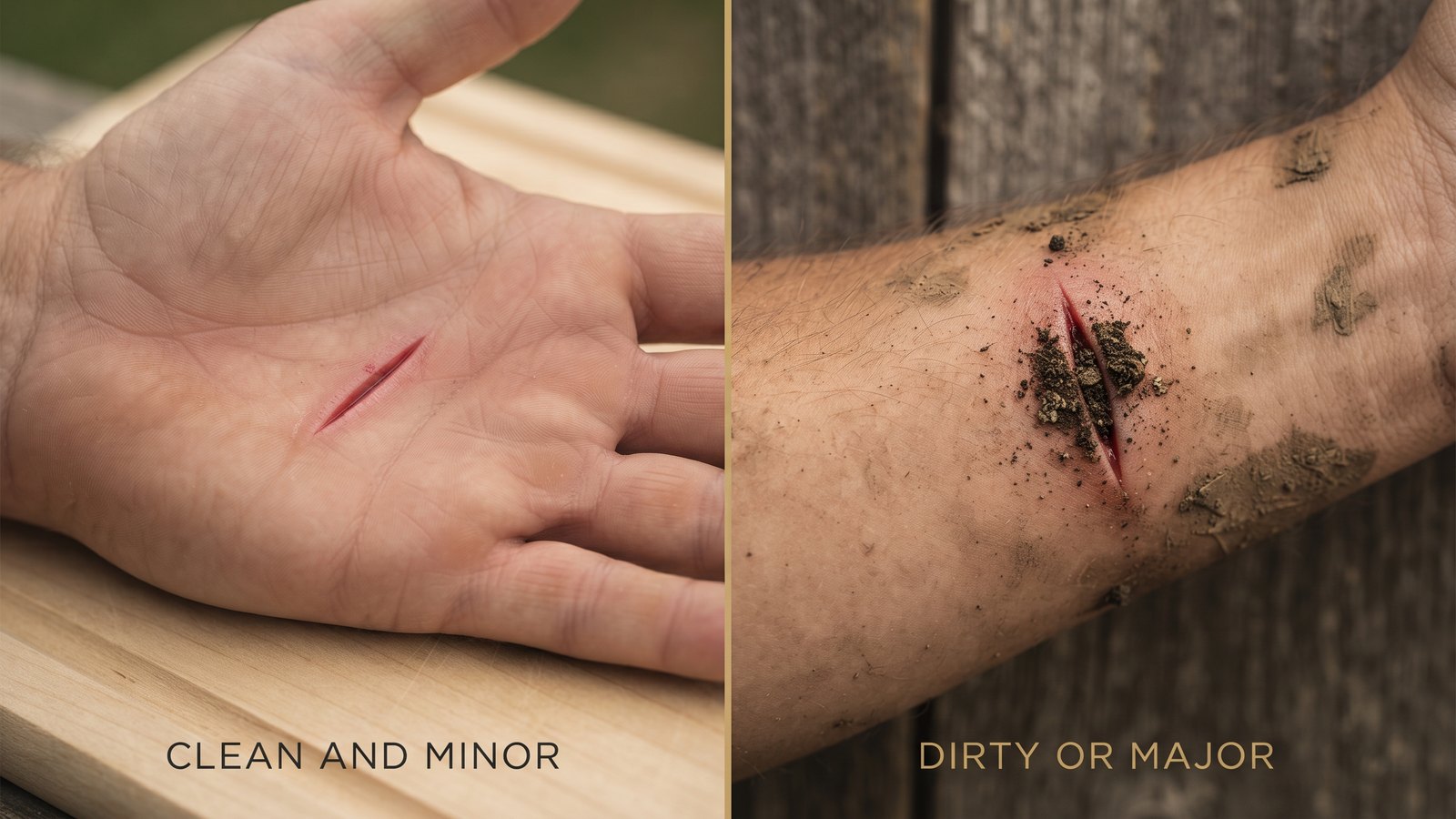 Two-panel comparison showing a clean shallow kitchen knife cut on a palm labeled clean and minor next to a deep soil-contaminated wound on a forearm labeled dirty or major