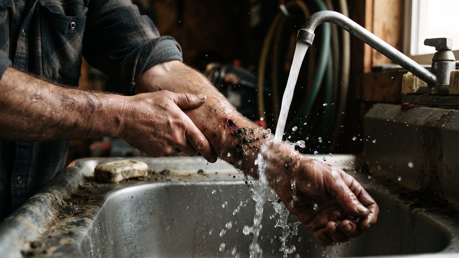 Close view of a working man's forearm held under a strong stream of cold water at a utility sink, dirt visibly flushing away from a puncture wound