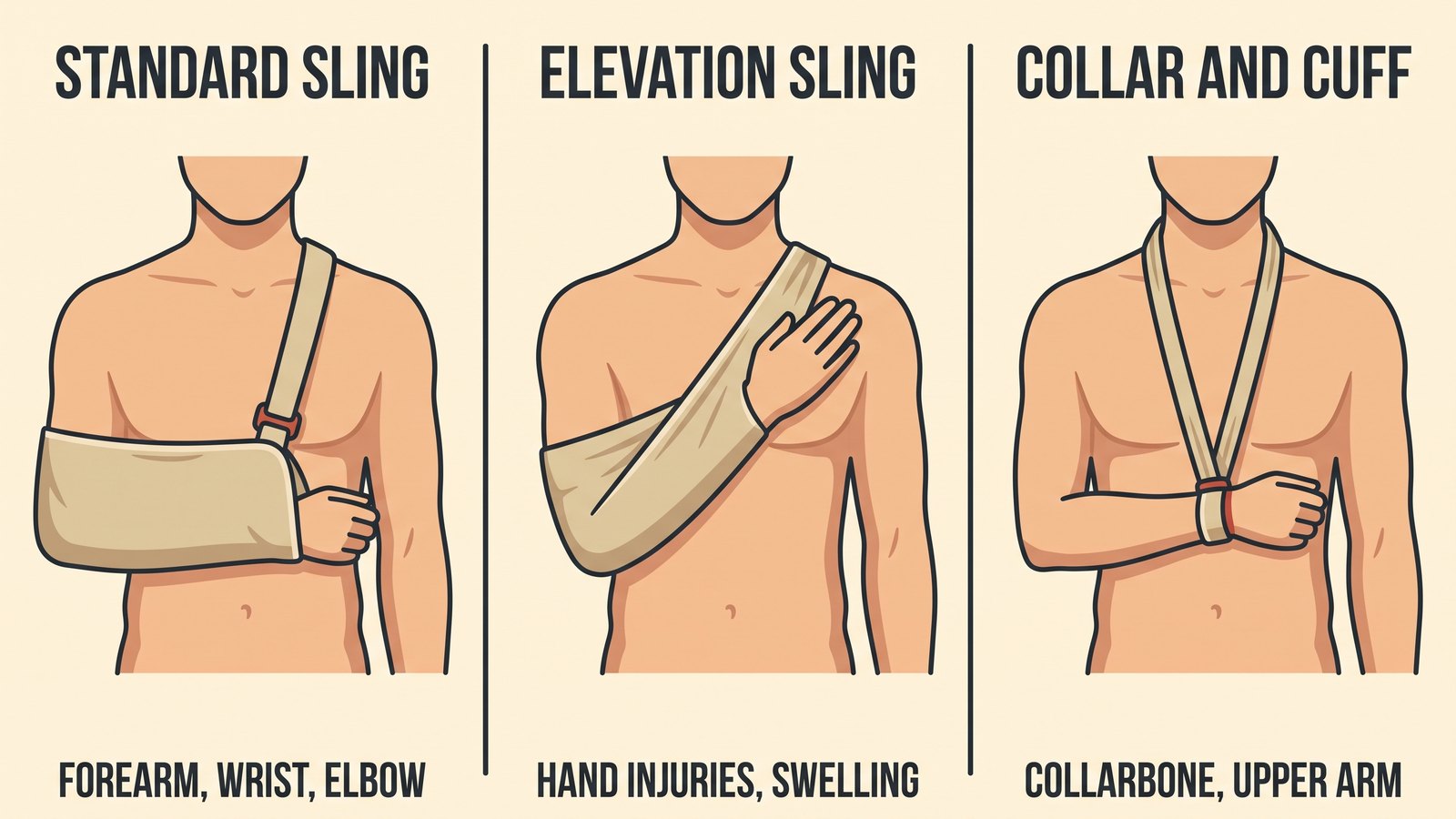 Three-panel comparison of a standard arm sling, an elevation sling and a collar and cuff, each labelled with the injuries it suits