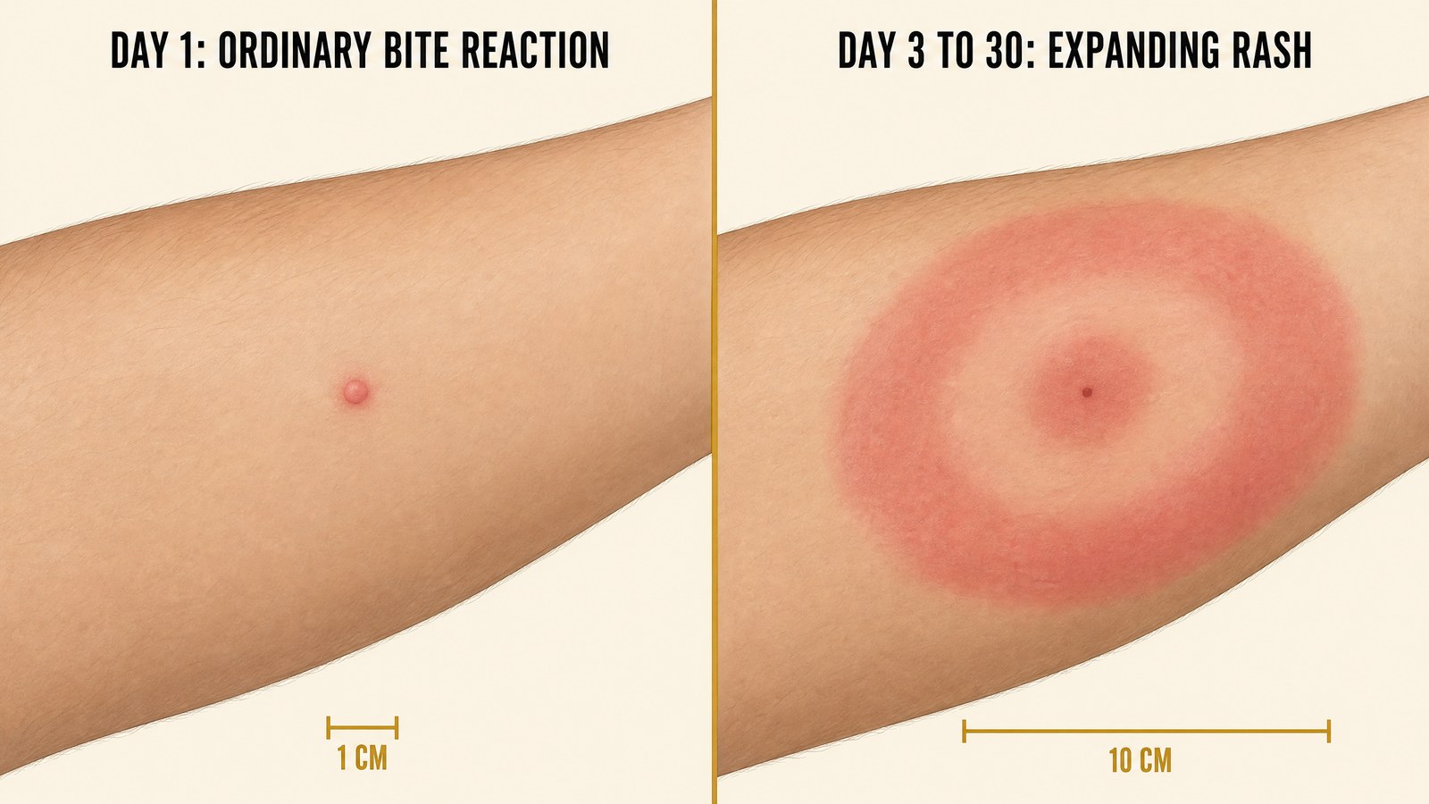 Two-panel medical comparison illustration: on the left a small ordinary red bite reaction appearing within a day, on the right a large slowly expanding ring-shaped rash with a clearing center appearing days to weeks later