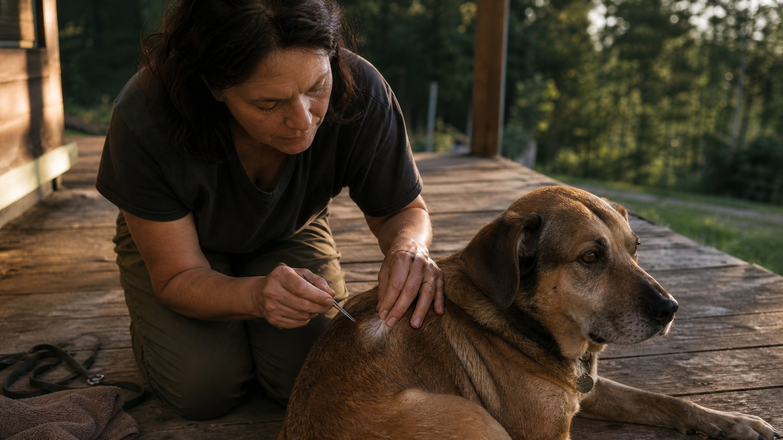 An adult kneeling on a wooden porch parting a dog's fur down to the skin with one hand while holding fine-tipped tweezers in the other, warm late-afternoon light