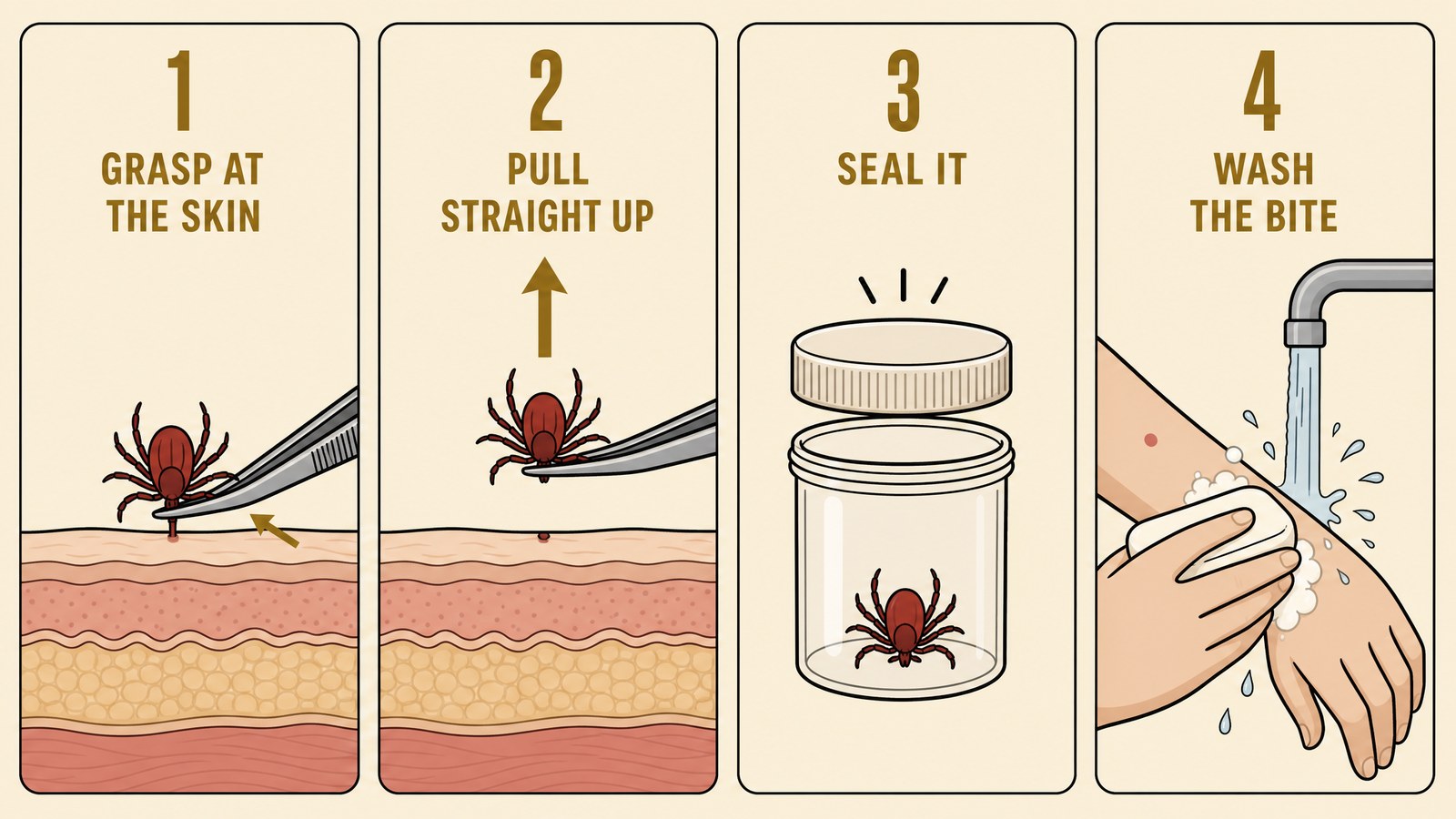 Four-panel instructional illustration of tick removal: fine-tipped tweezers gripping the tick at the skin surface, a straight upward pull with no twisting, sealing the tick in a container, and washing the bite area