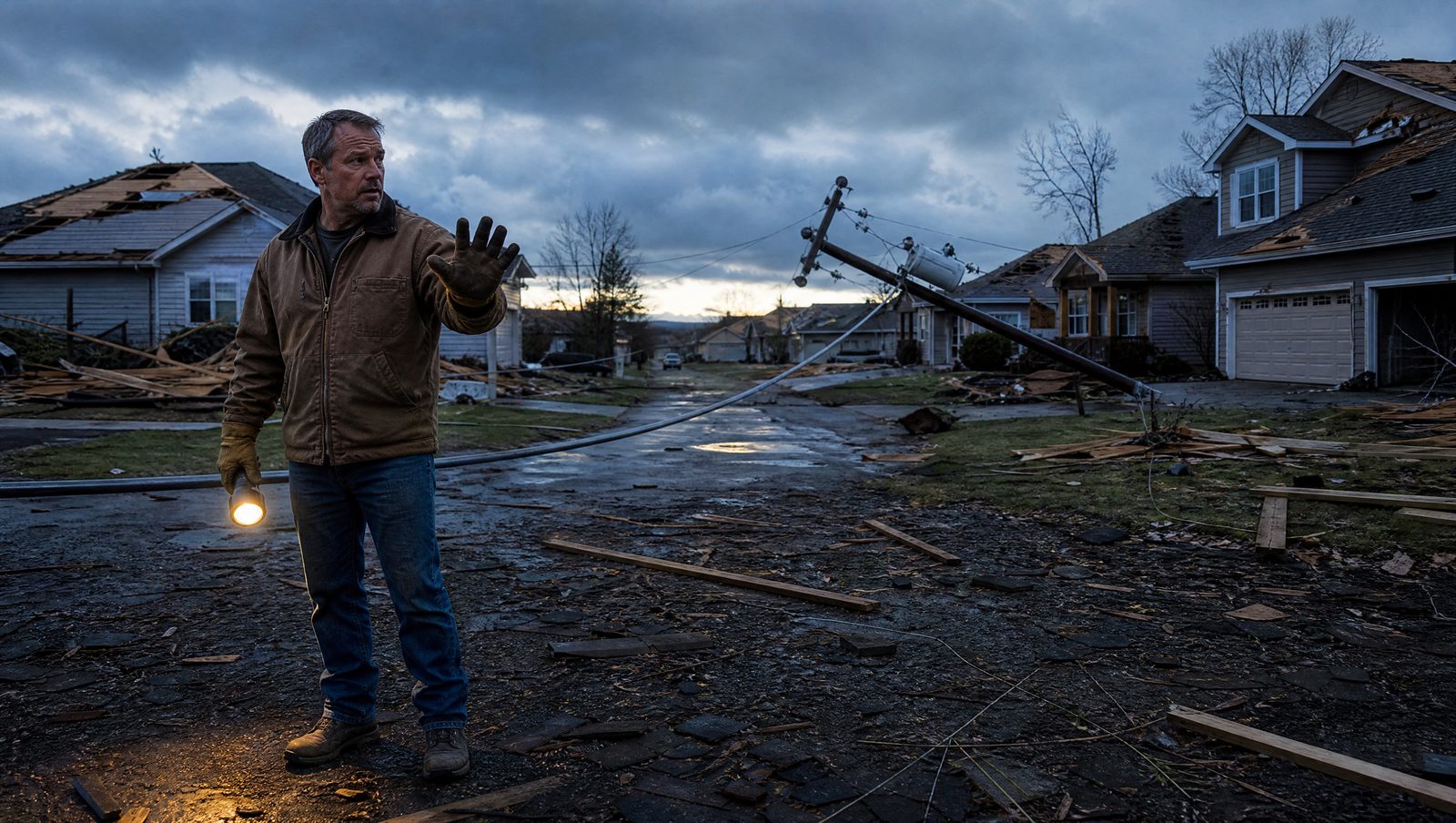 A homeowner in work gloves and thick boots surveys storm debris in a damaged neighborhood at dawn, keeping distance from a downed power line