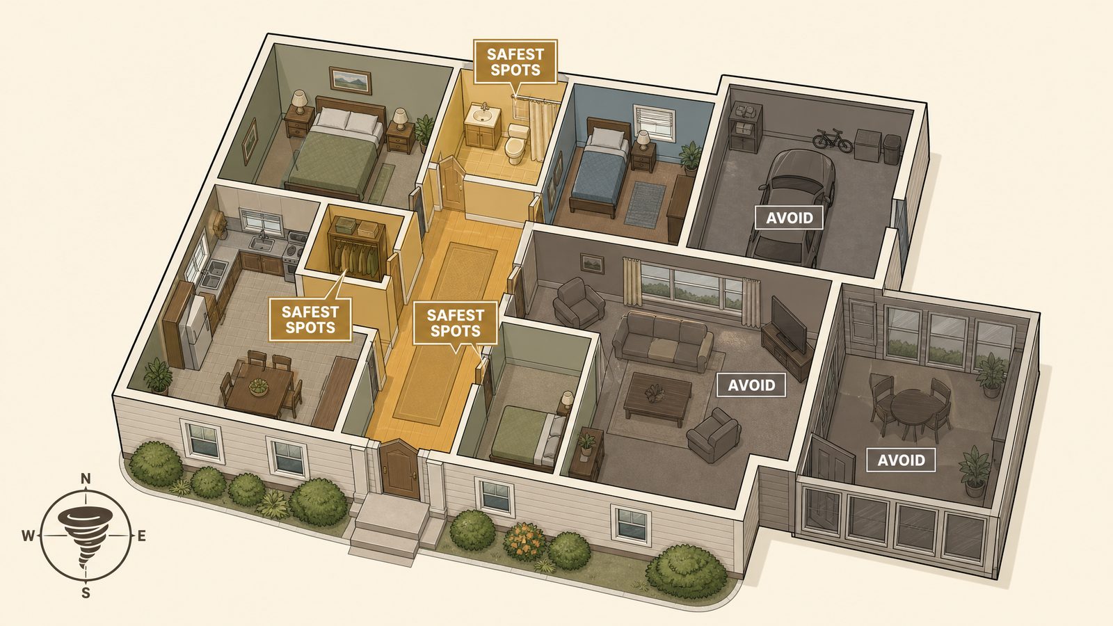 A cutaway illustration of a single-story home showing the safest shelter spots highlighted: an interior bathroom, a closet, and a center hallway away from windows