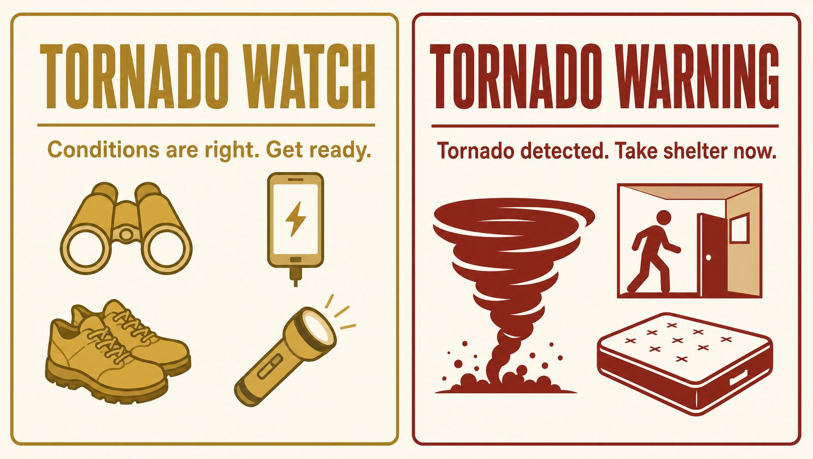 Infographic comparing a tornado watch, meaning conditions are right so prepare now, with a tornado warning, meaning a tornado is detected so take shelter immediately