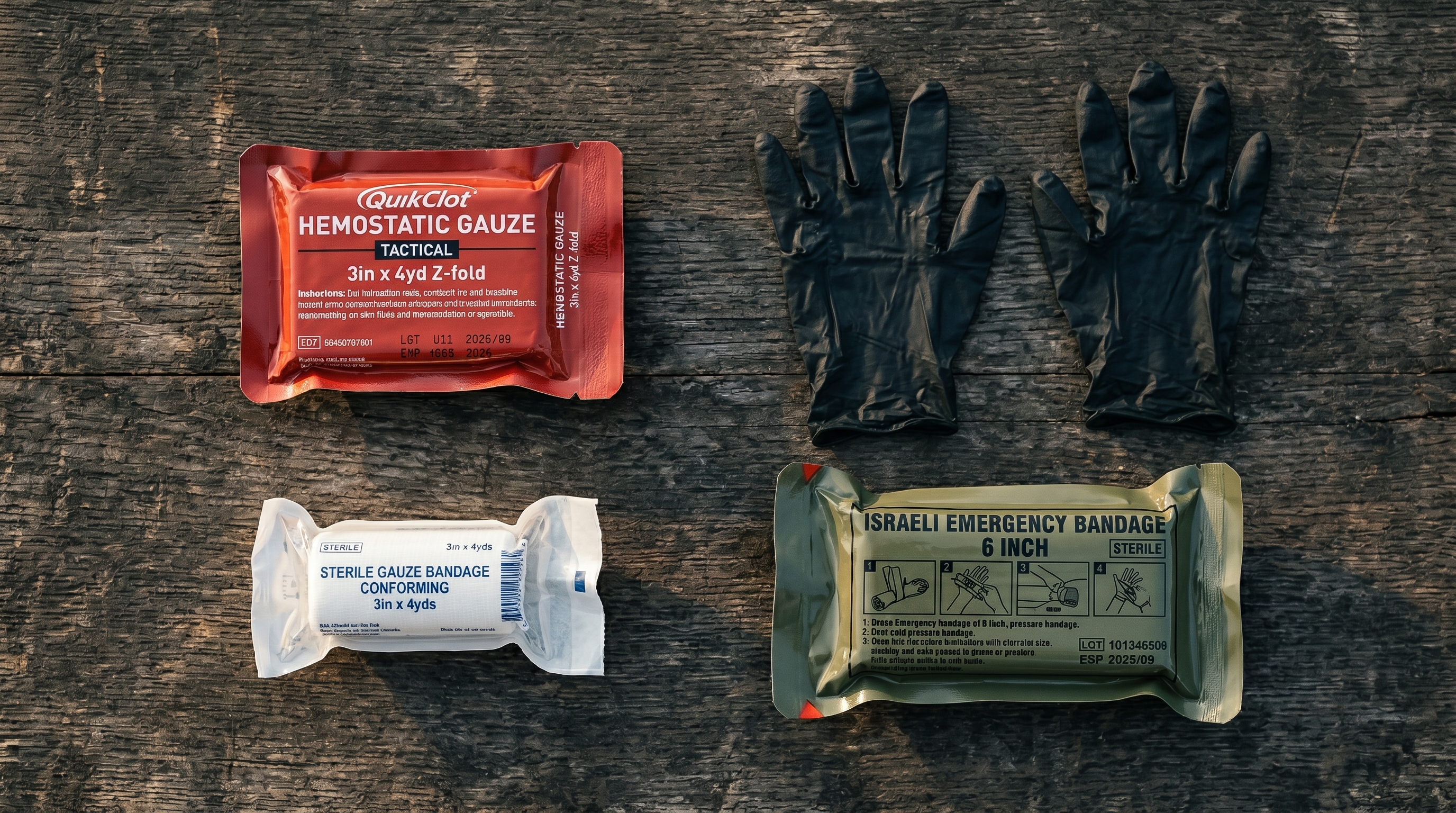 Open trauma kit laid out on a dark surface showing QuikClot hemostatic gauze, rolled gauze, nitrile gloves, and trauma pressure bandage
