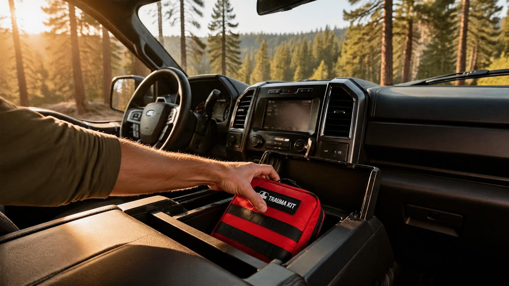 Person reaching into the center console of a pickup truck to retrieve a compact red trauma pouch, pine forest visible through the windshield, warm afternoon sunlight, lifestyle photography