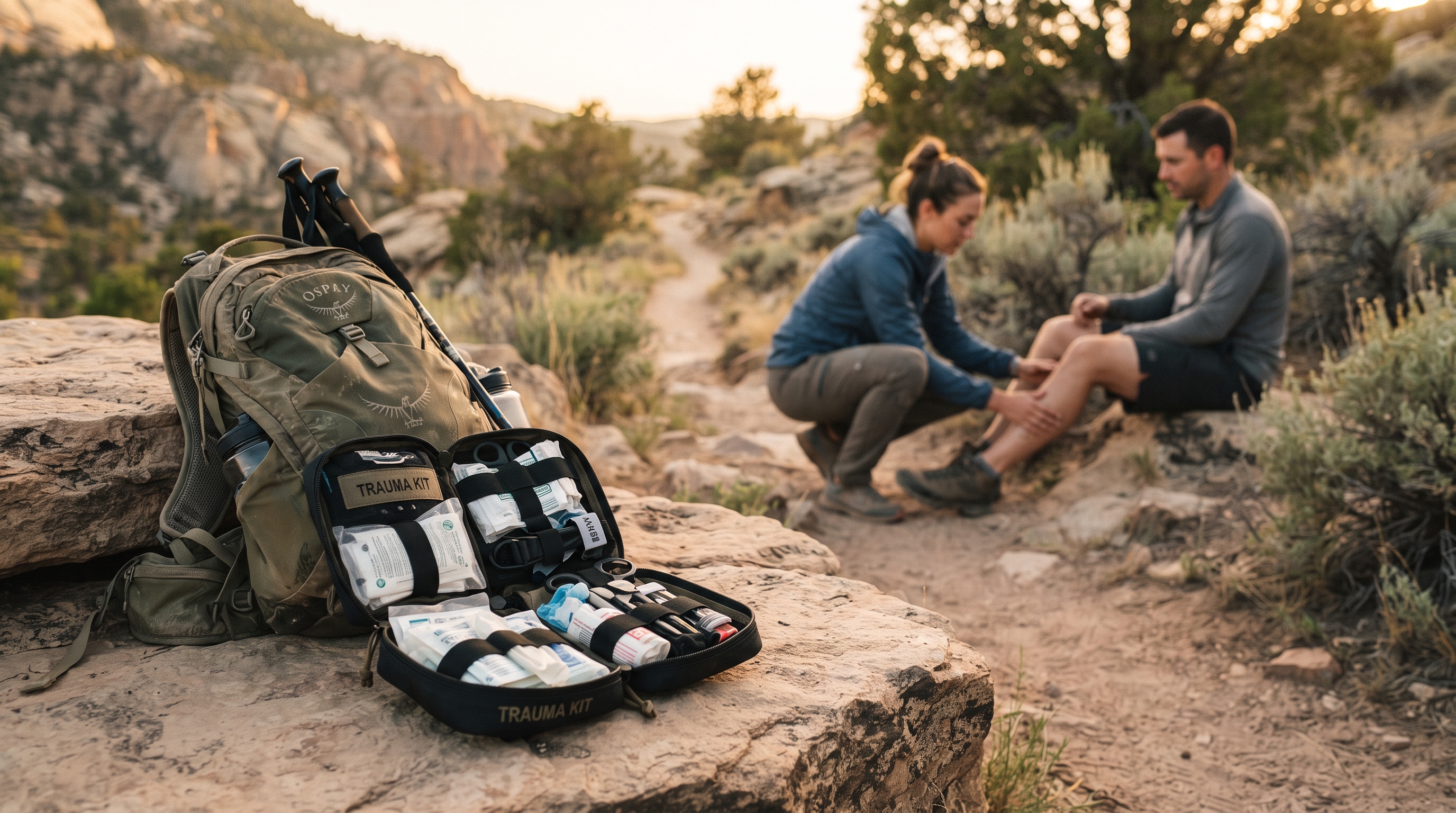 Trauma kit opened on a trail beside a hiking pack while someone stays with an injured hiker waiting for help