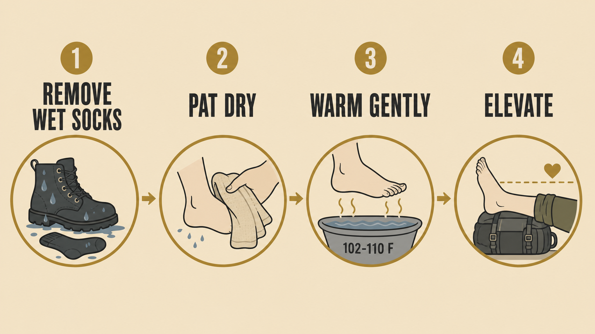 Step-by-step illustration of trench foot first aid showing removing wet socks, drying the feet, gentle warming, and elevating the feet above the heart