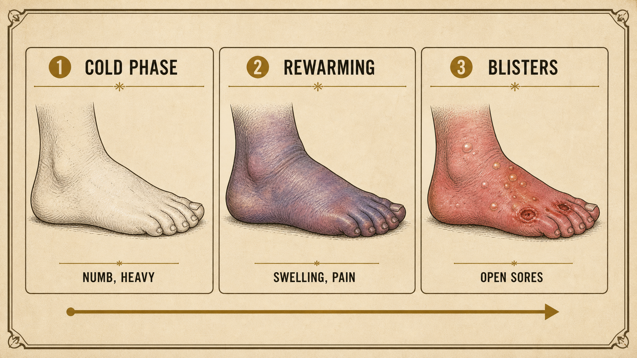 Three-stage illustration of trench foot showing cold phase, rewarming phase, and blistering with labeled changes in skin color and swelling