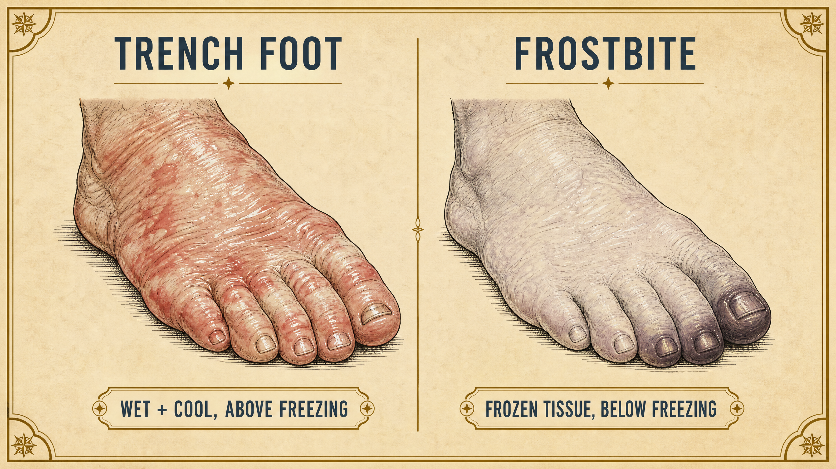 Side-by-side comparison of a foot with trench foot, soggy and swollen, next to a foot with frostbite, hard and pale