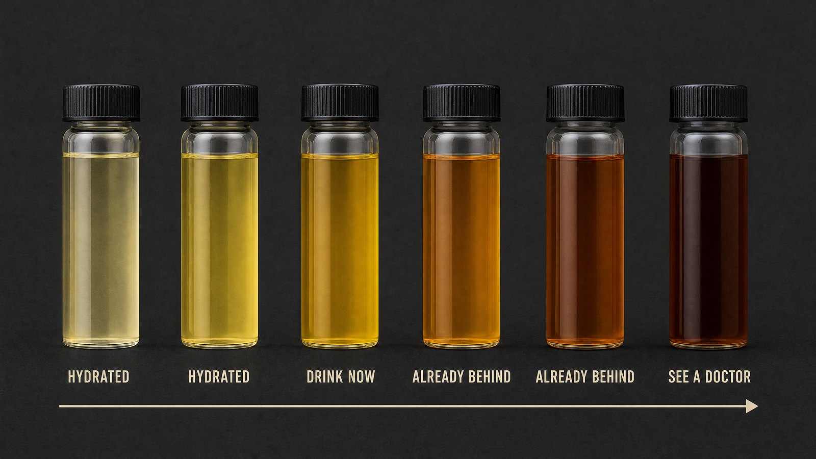 A labelled hydration colour scale running from pale straw through deep yellow and amber to cola brown, with the action for each band printed beside it