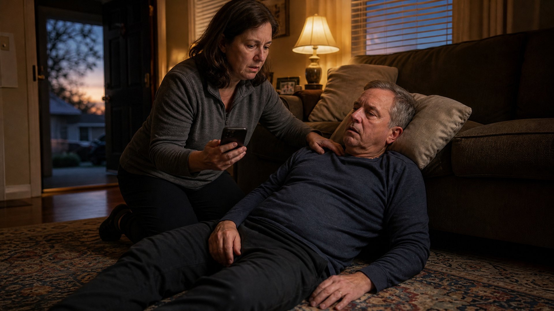 Woman kneeling beside her husband who rests on the living room floor with head and shoulders propped on a pillow, she checks the time on her phone while speaking to him calmly, dusk light through the window