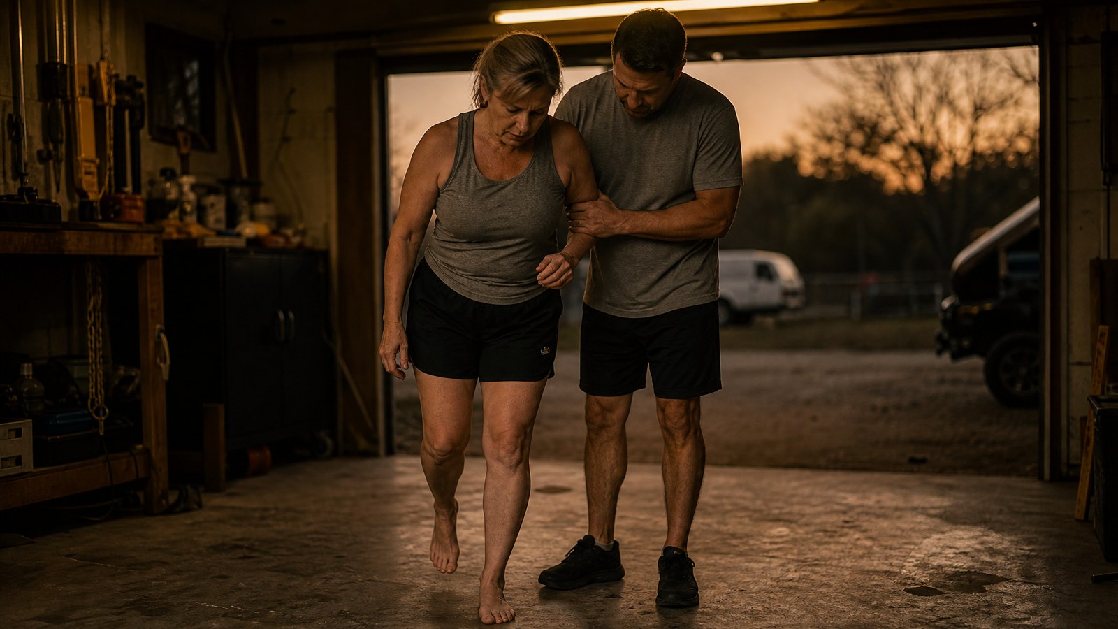An adult woman taking a cautious step on an injured bare foot in a garage doorway while another adult steadies her forearm and elbow
