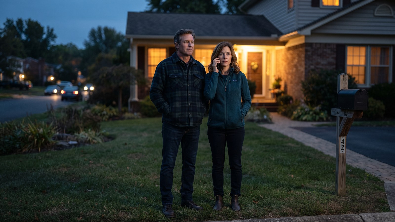 Adults standing together on a front lawn at dusk outside their home while one of them makes a phone call