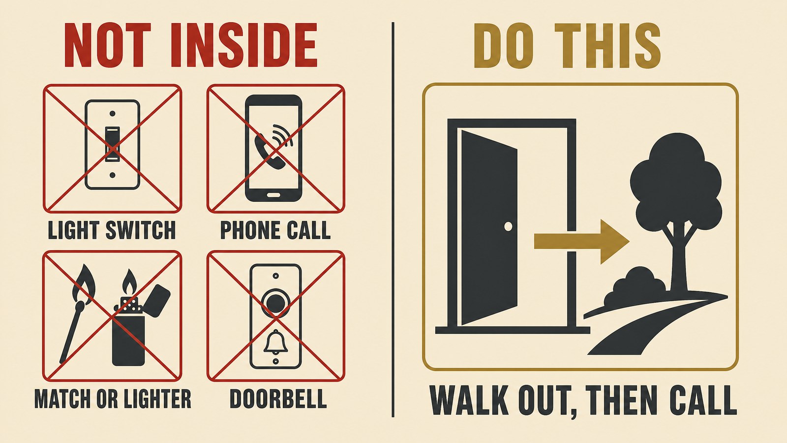 Comparison illustration of what not to do when you smell gas inside, such as flipping switches or using a phone, next to the right move of walking outside first