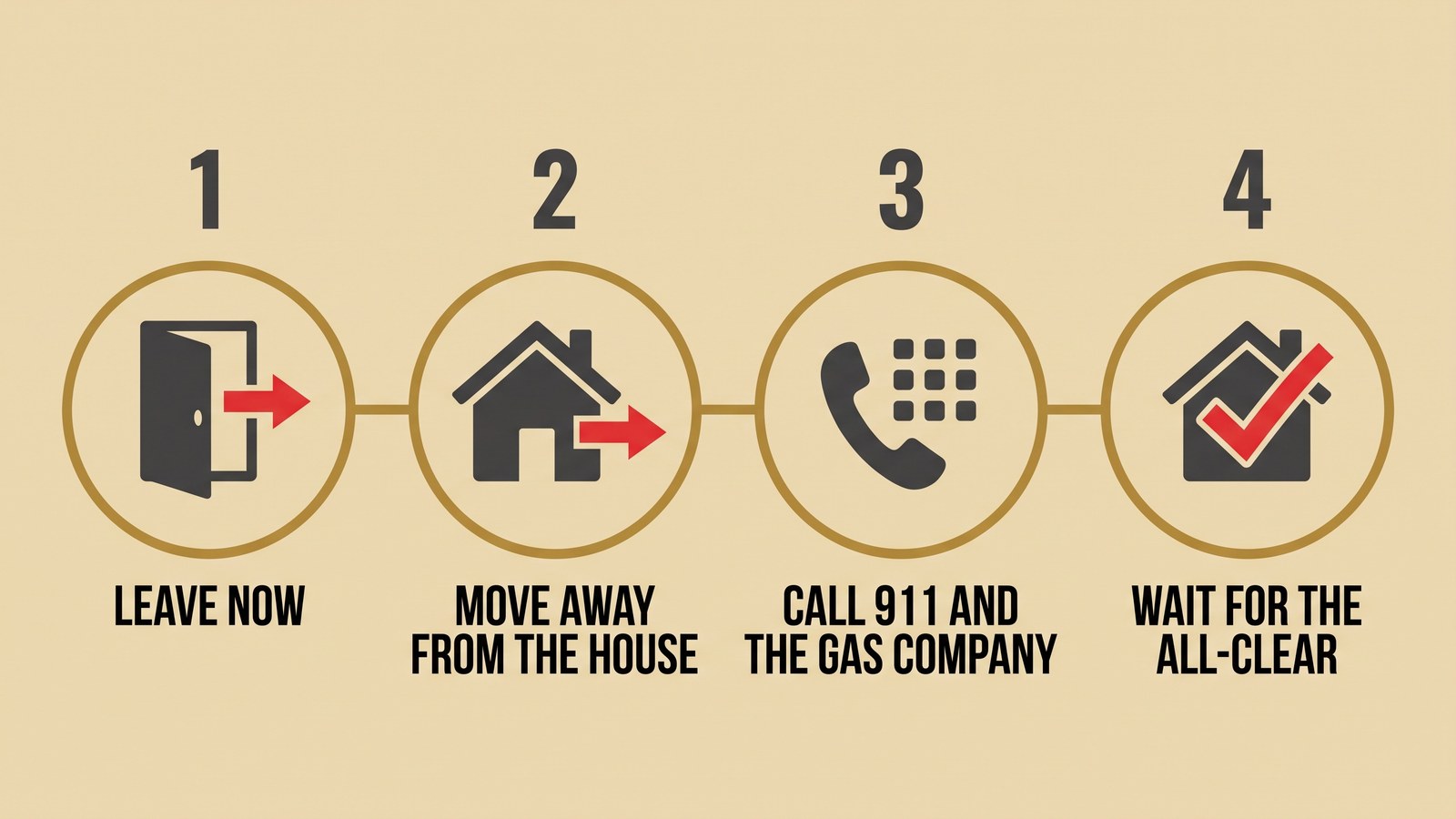 Four-step illustration for smelling gas: leave the home, move away from the house, call 911 and the gas utility from outside, and wait for the all-clear