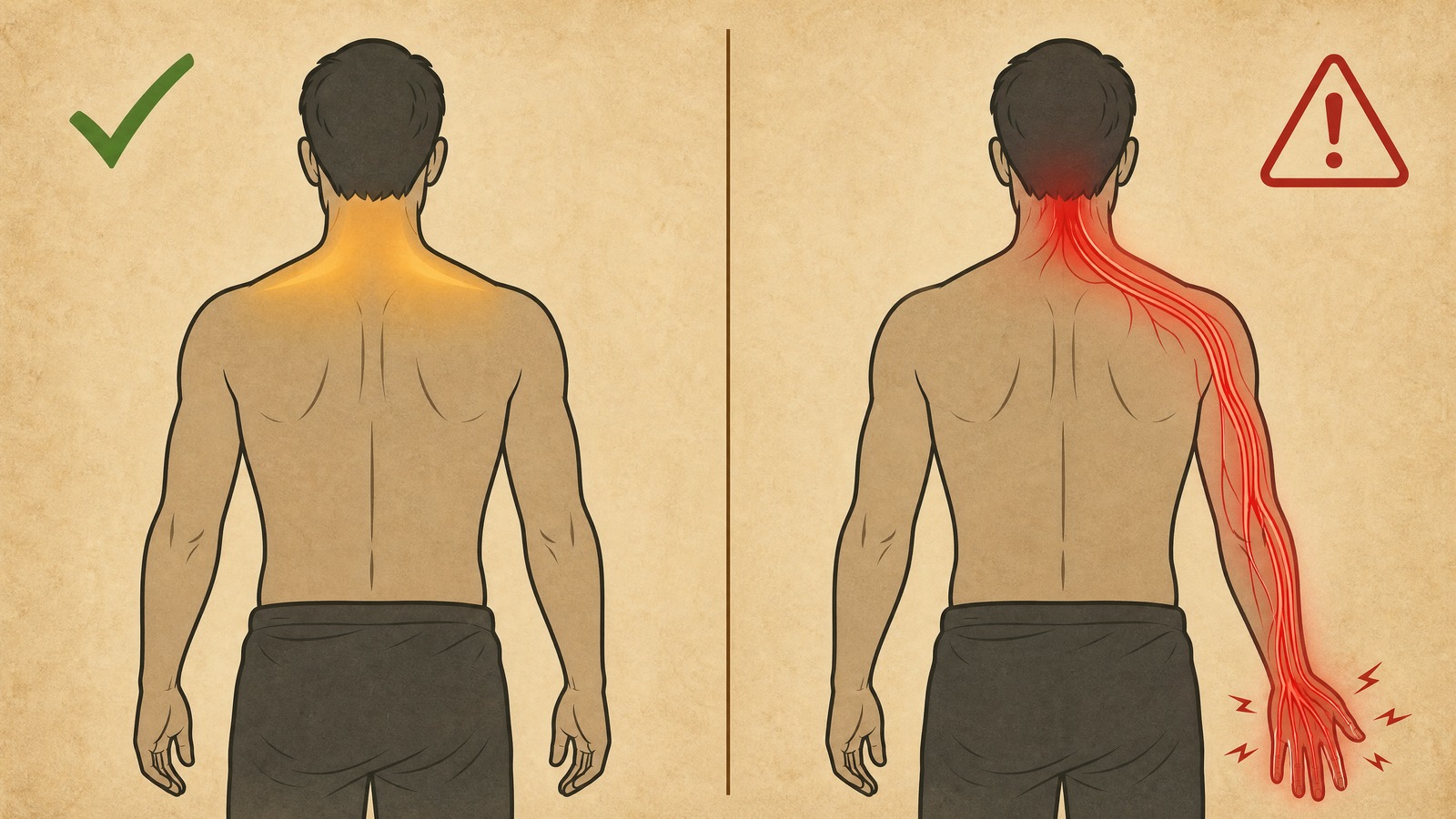 Two-panel illustration comparing routine whiplash soreness limited to the neck and shoulders on the left with red flag symptoms of arm tingling and weakness on the right