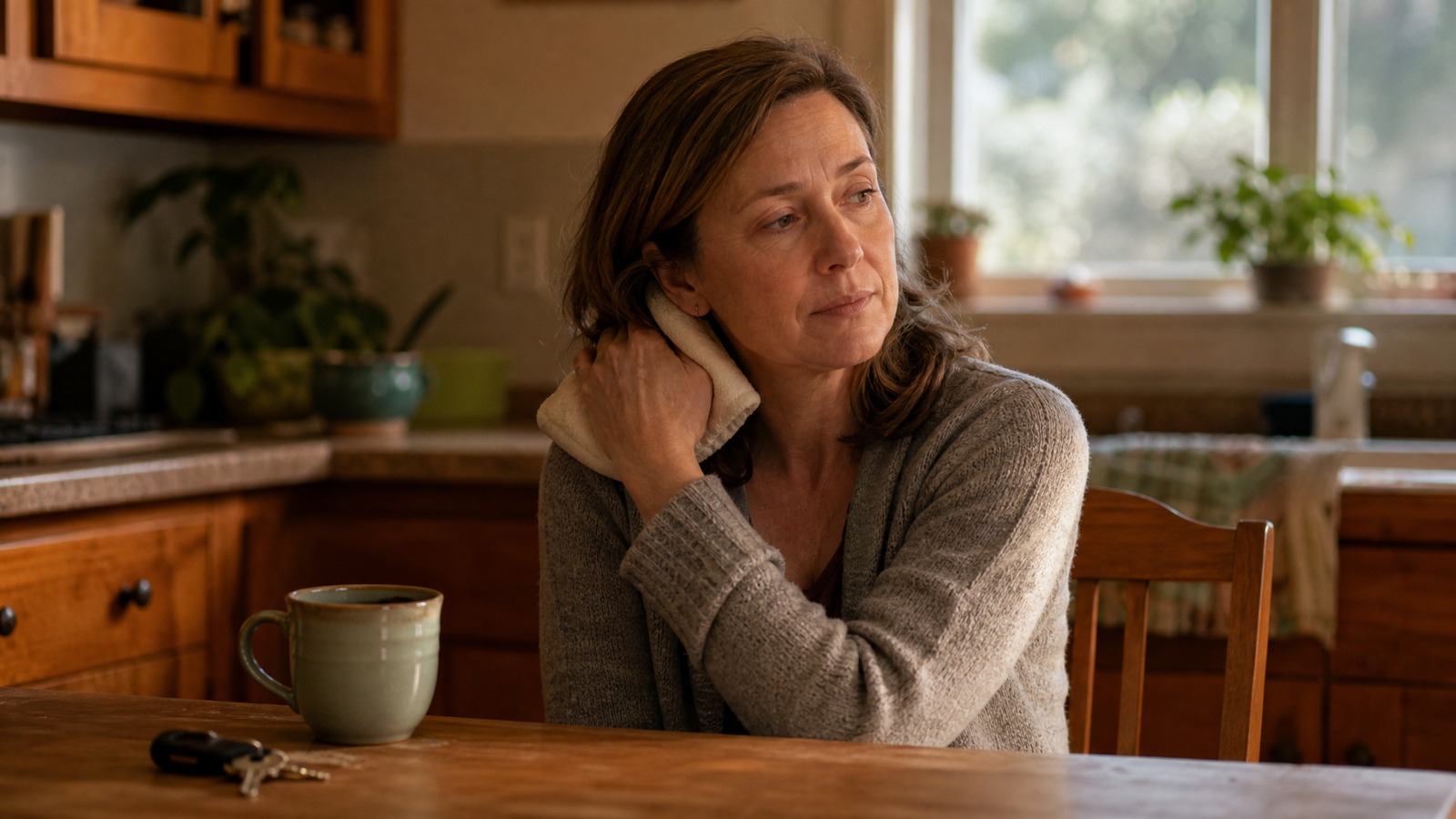 A middle-aged woman seated at a kitchen table holding a warm compress against the back of her neck, a cup of coffee beside her