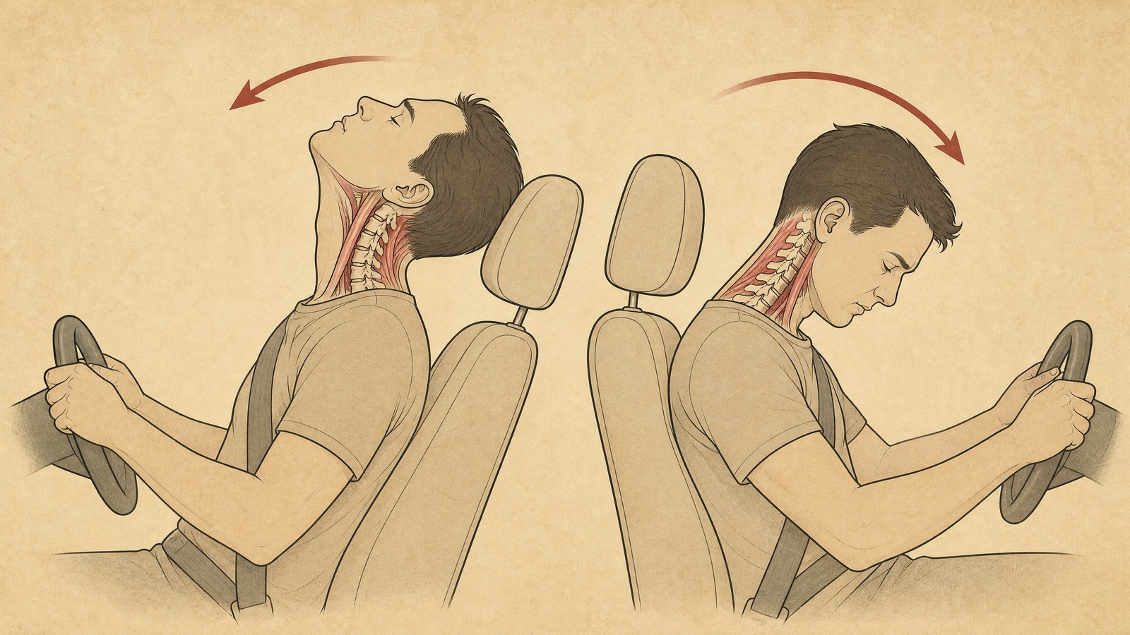 Medical illustration of a seated driver's head and neck thrown backward then forward in a rear-end collision, showing the neck muscles and ligaments stretching