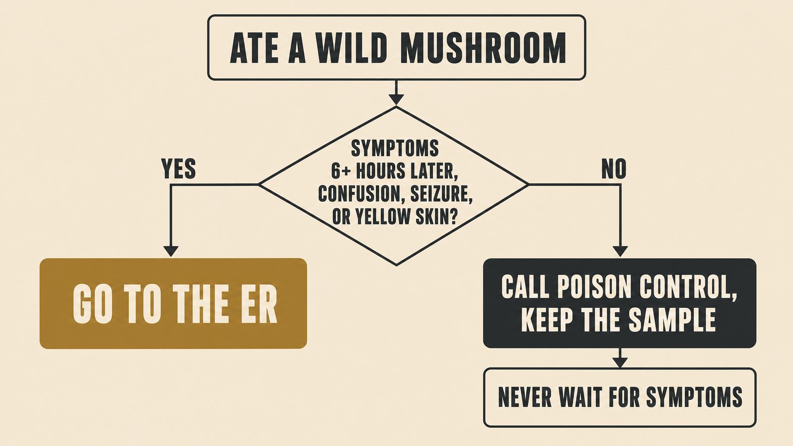Flowchart: symptoms 6 or more hours after eating, confusion, seizures, or yellow skin go to the ER; otherwise call Poison Control and keep the sample