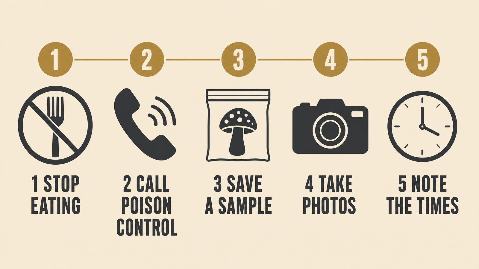 Step by step illustration of what to do after eating a wild mushroom: stop eating, call Poison Control, save a sample, take photos, note the time
