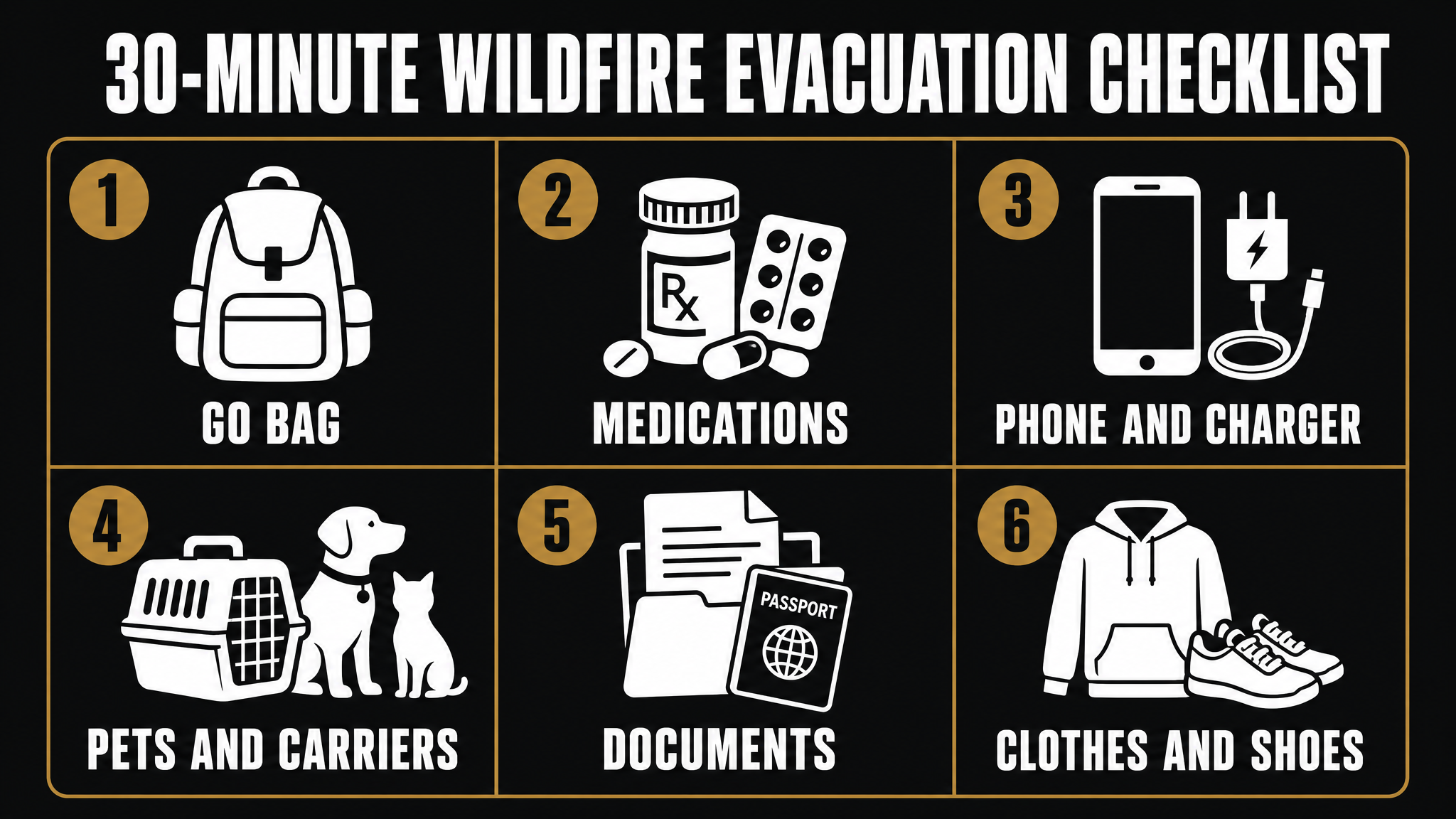 Flat illustration checklist showing the six things to grab in a wildfire evacuation: go bag, medications, phone and charger, pets, documents, and clothes